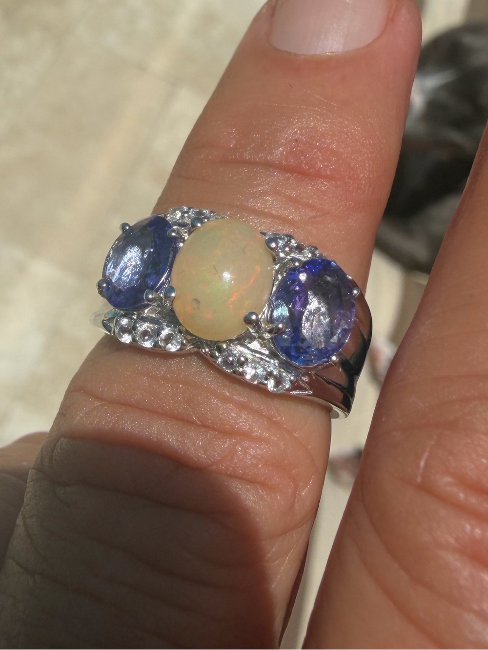 All Natural Opal and Amethyst and Diamond Sterling Ring - Opal Centerpiece